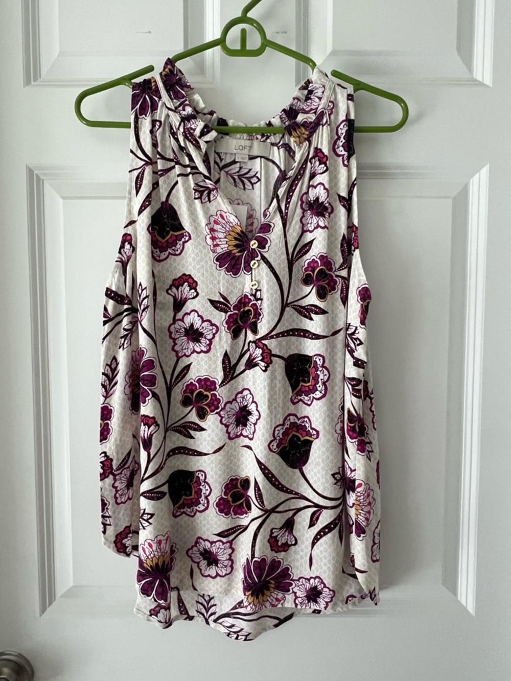 LOFT Cream Sleeveless Floral Henley Blouse with Purple Accents